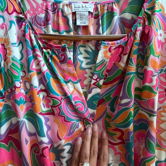 Nicole Miller Dress Womens L Pink Multi Satin Floral Abstract Pocket Ruffle Mini - Picture 8 of 10